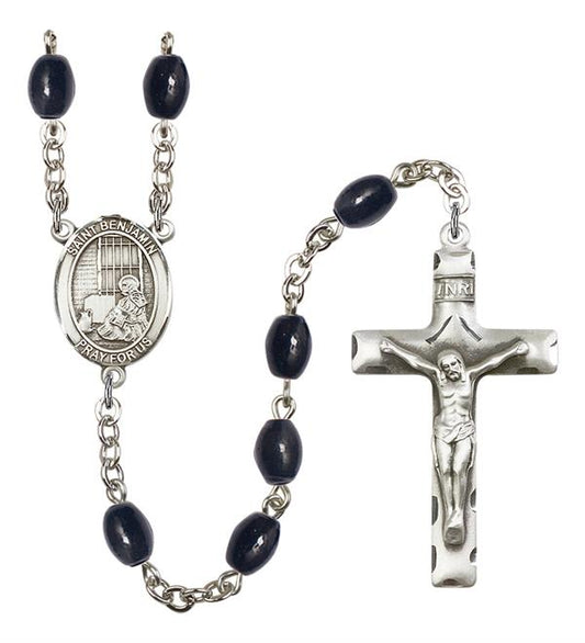 St. Benjamin Rosary, 8x6mm Black Onyx Beads, Silver Plate, # 13253
