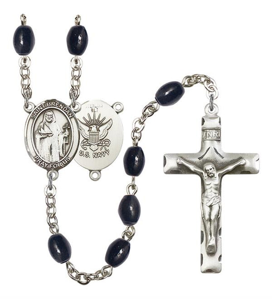 St. Brendan U.S. Navy Rosary, 8x6mm Black Onyx Beads, Silver Plate, # 13259