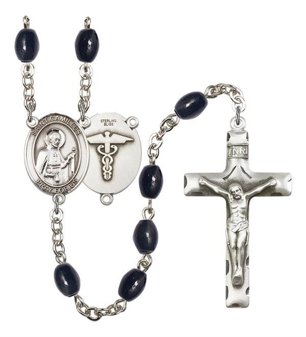 St. Camillus Nurse Rosary, 8x6mm Black Onyx Beads, Silver Plate, # 13261