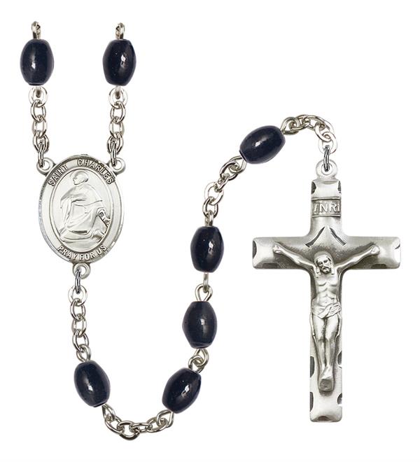 St. Charles Rosary, 8x6mm Black Onyx Beads, Silver Plate, # 13262