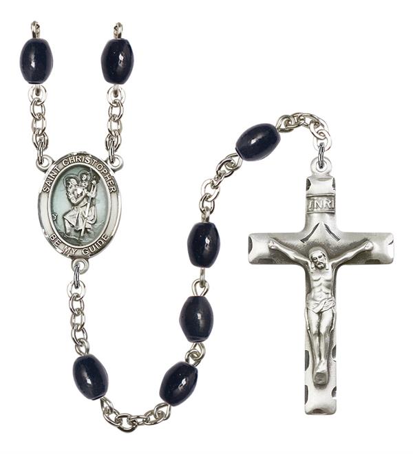 St. Christopher Rosary, Blue Enamel, 8x6mm Black Onyx Beads, Silver Plate, # 13265