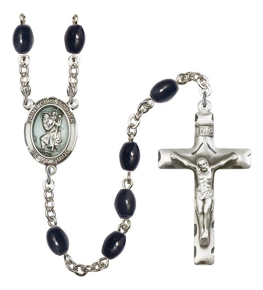 St. Christopher Rosary, Blue Enamel, 8x6mm Black Onyx Beads, Silver Plate, # 13265