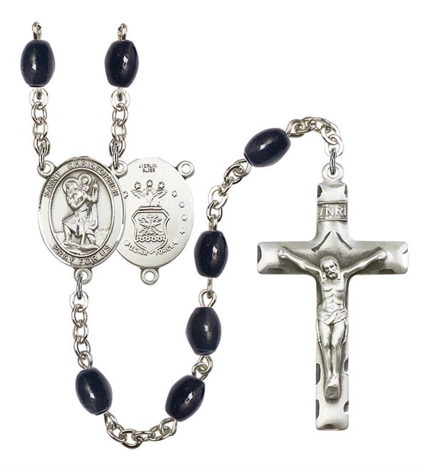 St. Christopher U.S. Air Force Rosary, 8x6mm Black Onyx Beads, Silver Plate, # 13266