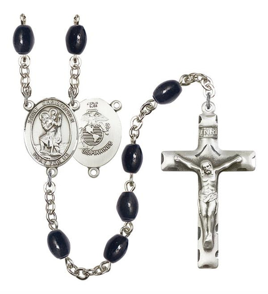 St. Christopher U.S. Marines Rosary, 8x6mm Black Onyx Beads, Silver Plate, # 13270