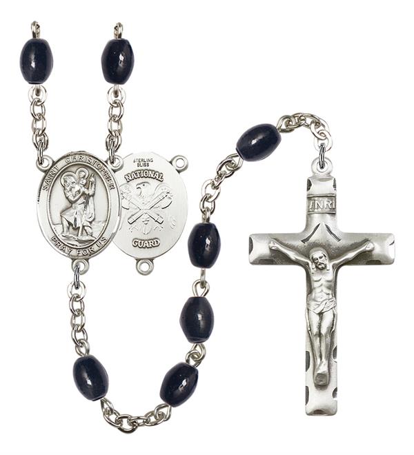 St. Christopher National Guard Rosary, 8x6mm Black Onyx Beads, Silver Plate, # 13271