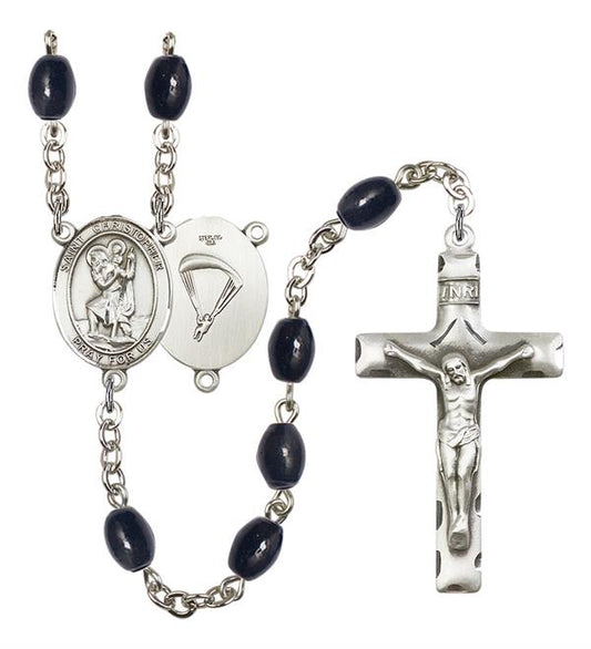St. Christopher Paratrooper Skydiver Rosary, 8x6mm Black Onyx Beads, Silver Plate, # 13273