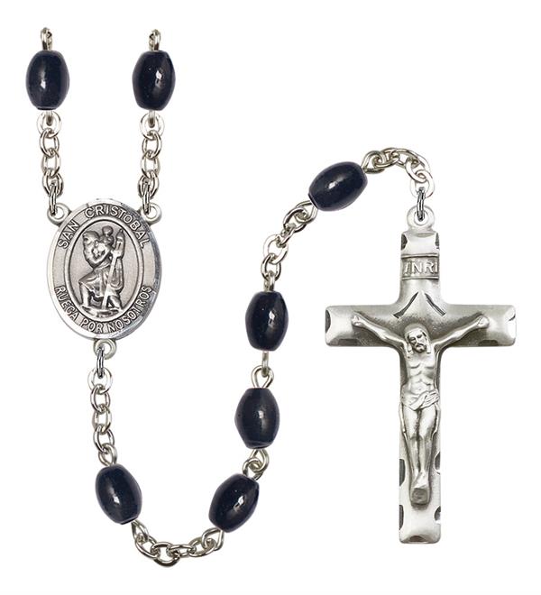 San Cristobal Spanish Rosary, 8x6mm Black Onyx Beads, Silver Plate, # 13274