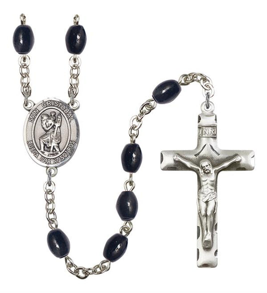 San Cristobal Spanish Rosary, 8x6mm Black Onyx Beads, Silver Plate, # 13274
