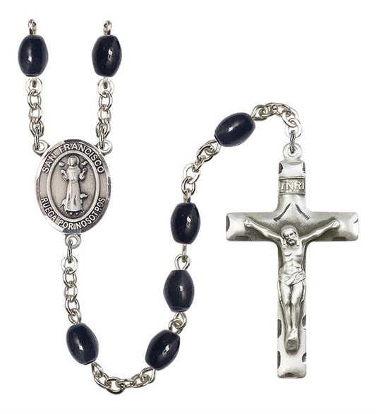 San Francisco Spanish Rosary, 8x6mm Black Onyx Beads, Silver Plate, # 13289