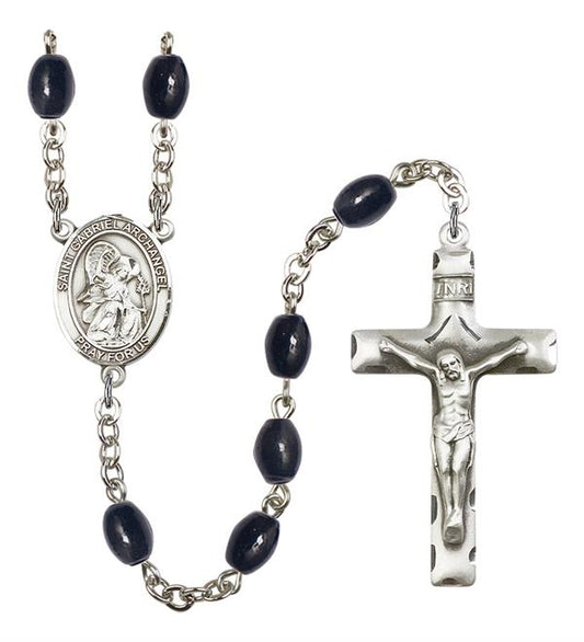 St. Gabriel the Archangel Rosary, 8x6mm Black Onyx Beads, Silver Plate, # 13292