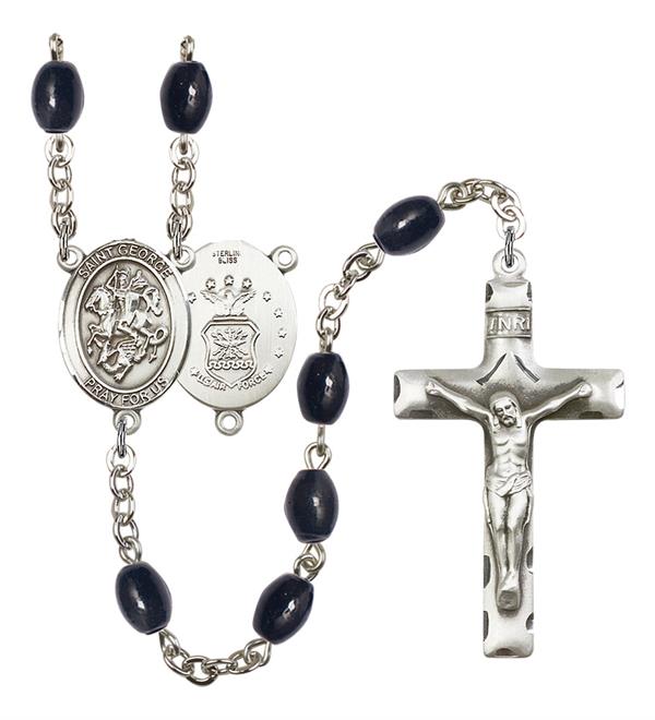 St. George U.S. Air Force Rosary, 8x6mm Black Onyx Beads, Silver Plate, # 13294