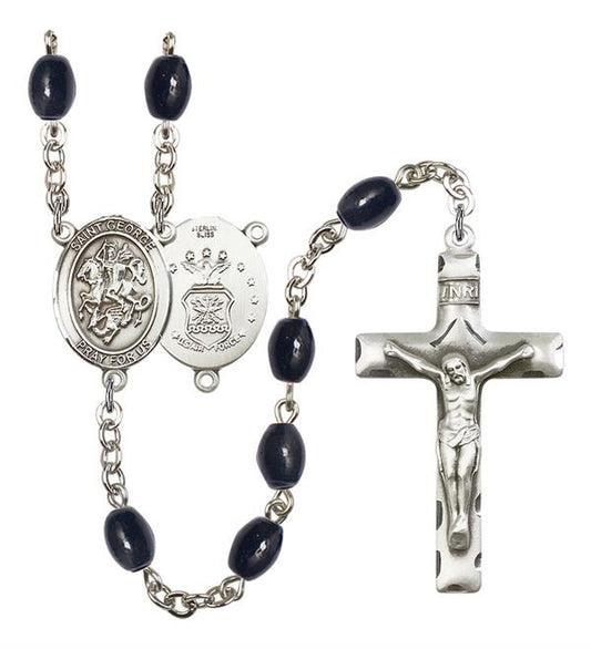 St. George U.S. Air Force Rosary, 8x6mm Black Onyx Beads, Silver Plate, # 13294
