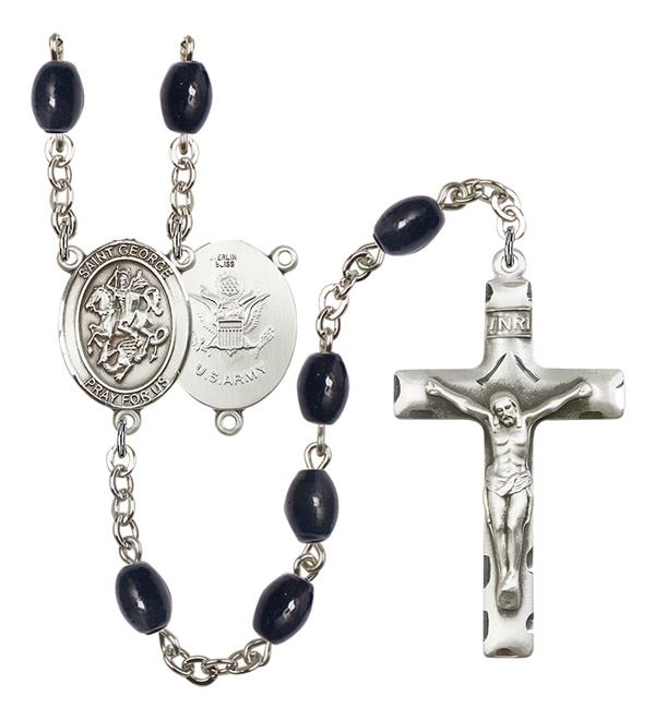 St. George U.S. Army Rosary, 8x6mm Black Onyx Beads, Silver Plate, # 13296