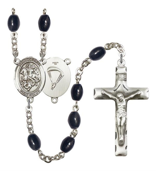 St. George Paratrooper Skydiver Rosary, 8x6mm Black Onyx Beads, Silver Plate, # 13301