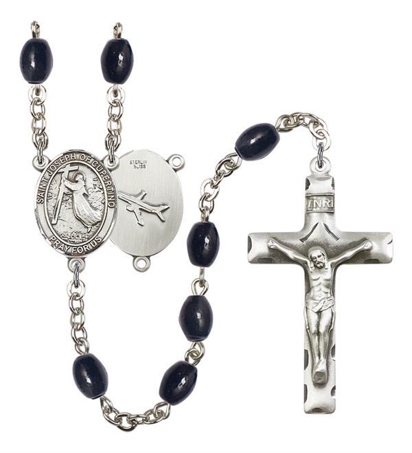St. Joseph of Cupertino Pilot's Rosary, 8x6mm Black Onyx Beads, Silver Plate, # 13328