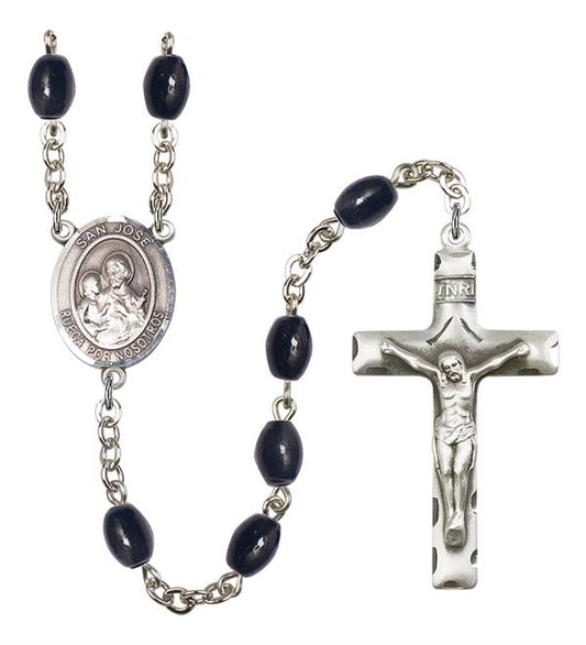 San Jose Spanish Rosary, 8x6mm Black Onyx Beads, Silver Plate, # 13330