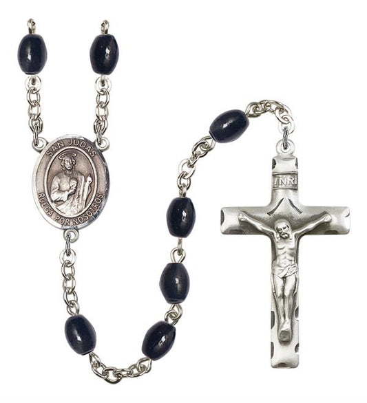 San Judas Spanish Rosary, 8x6mm Black Onyx Beads, Silver Plate, # 13333