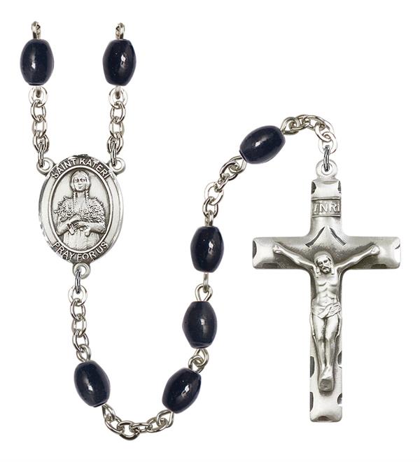 St. Kateri Rosary, 8x6mm Black Onyx Beads, Silver Plate, # 13334