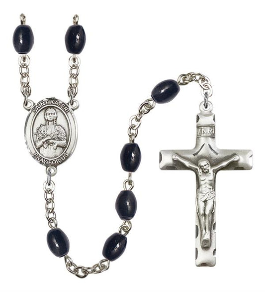 St. Kateri Rosary, 8x6mm Black Onyx Beads, Silver Plate, # 13334