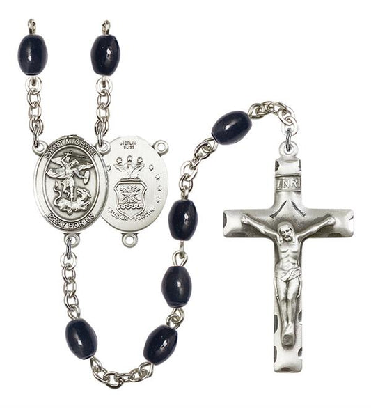 St. Michael U.S. Air Force Rosary, 8x6mm Black Onyx Beads, Silver Plate, # 13354