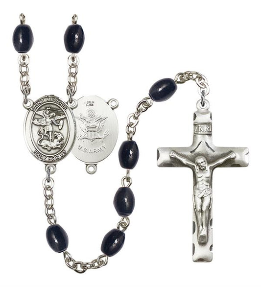 St. Michael U.S. Army Rosary, 8x6mm Black Onyx Beads, Silver Plate, # 13356