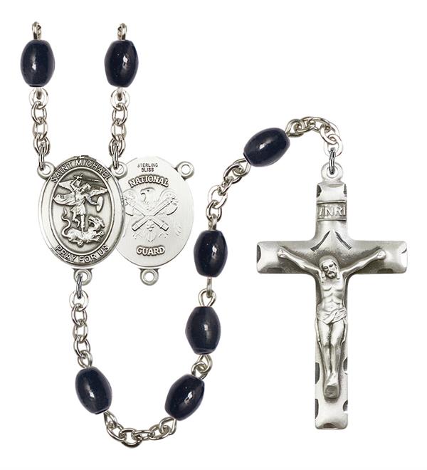 St. Michael National Guard Rosary, 8x6mm Black Onyx Beads, Silver Plate, # 13359