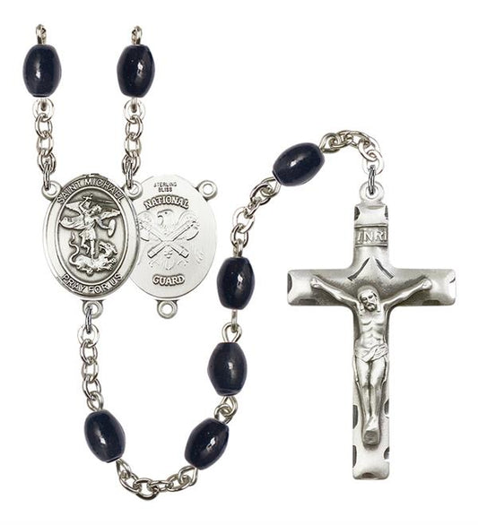 St. Michael National Guard Rosary, 8x6mm Black Onyx Beads, Silver Plate, # 13359