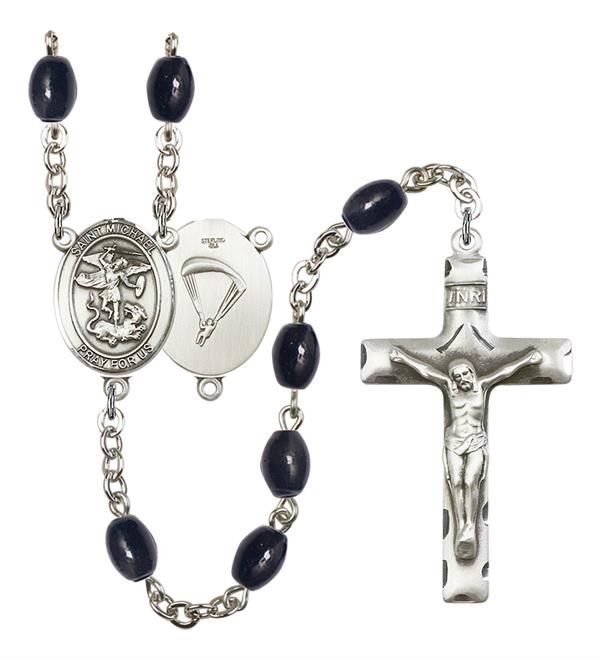 St. Michael Paratrooper Skydiver Rosary, 8x6mm Black Onyx Beads, Silver Plate, # 13361
