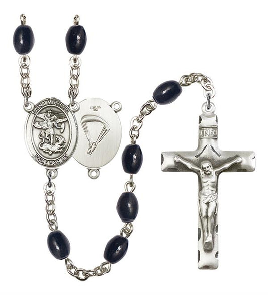 St. Michael Paratrooper Skydiver Rosary, 8x6mm Black Onyx Beads, Silver Plate, # 13361