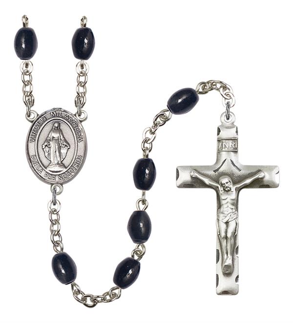 Virgen Milagosa Spanish Rosary, 8x6mm Black Onyx Beads, Silver Plate, # 13365
