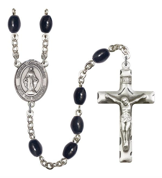 Virgen Milagosa Spanish Rosary, 8x6mm Black Onyx Beads, Silver Plate, # 13365