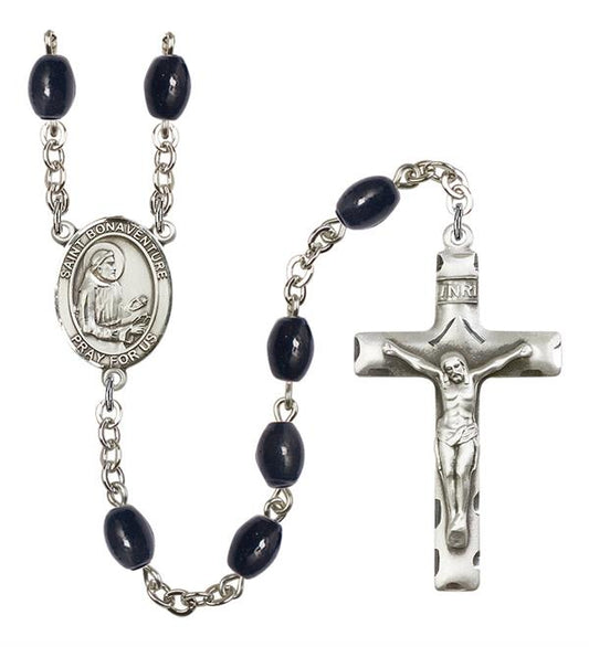 St. Bonaventure Rosary, 8x6mm Black Onyx Beads, Silver Plate, # 13377