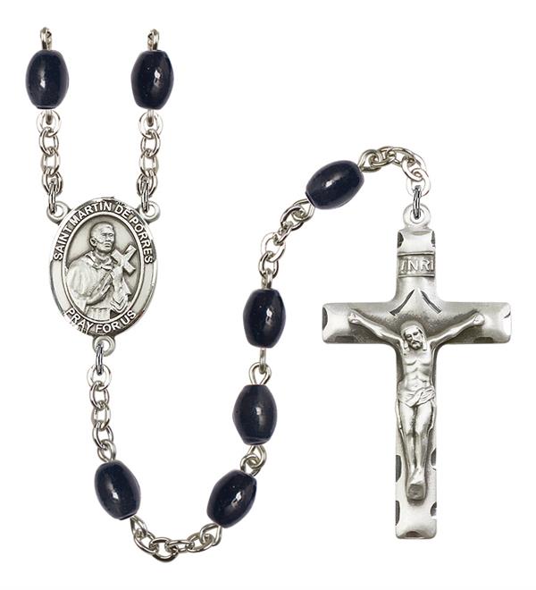 St. Martin de Porres Rosary, 8x6mm Black Onyx Beads, Silver Plate, # 13384