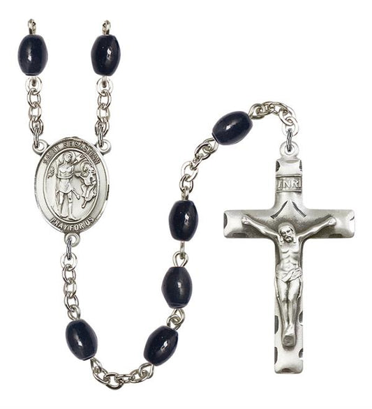 St. Sebastian Rosary, 8x6mm Black Onyx Beads, Silver Plate, # 13395