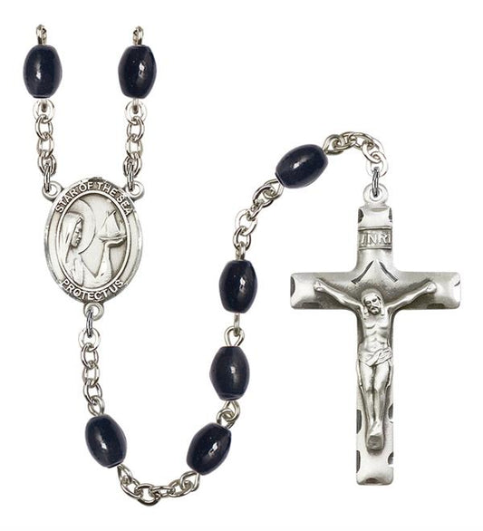 Our Lady Star of the Sea Rosary, 8x6mm Black Onyx Beads, Silver Plate, # 13396