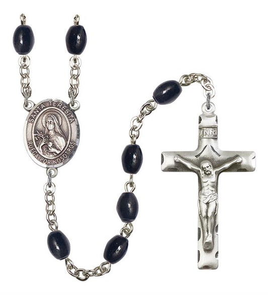 Santa Teresita Spanish Rosary, 8x6mm Black Onyx Beads, Silver Plate, # 13402