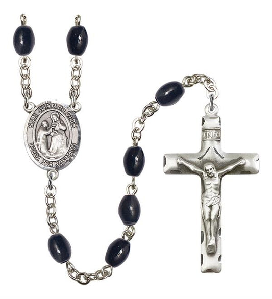 San Juan de Dios Spanish Rosary, 8x6mm Black Onyx Beads, Silver Plate, # 13409