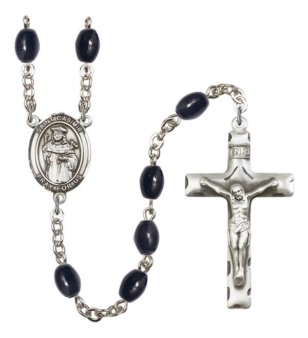 St. Casimir Rosary, 8x6mm Black Onyx Beads, Silver Plate, # 13410