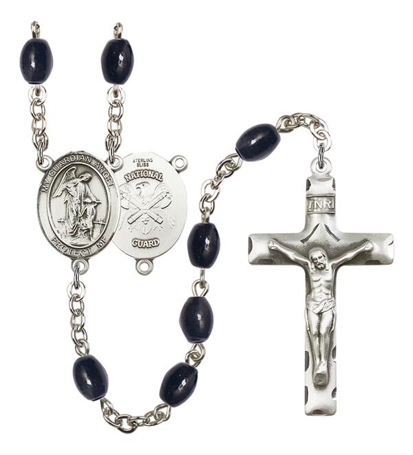 Guardian Angel National Guard Rosary, 8x6mm Black Onyx Beads, Silver Plate, # 13421