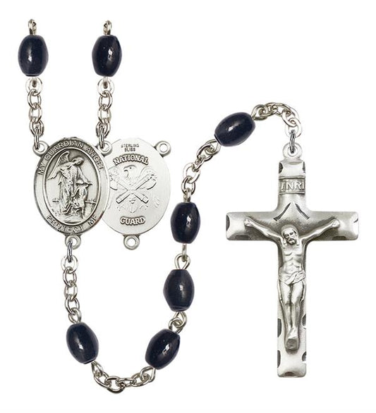 Guardian Angel National Guard Rosary, 8x6mm Black Onyx Beads, Silver Plate, # 13421