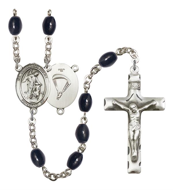Guardian Angel Paratrooper Skydiver Rosary, 8x6mm Black Onyx Beads, Silver Plate, # 13423