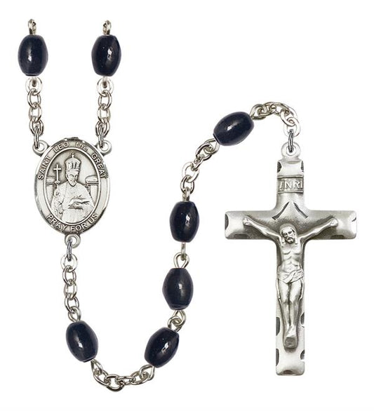 St. Leo the Great Rosary, 8x6mm Black Onyx Beads, Silver Plate, # 13426