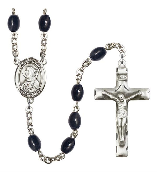 St. Brigid Rosary, 8x6mm Black Onyx Beads, Silver Plate, # 13429