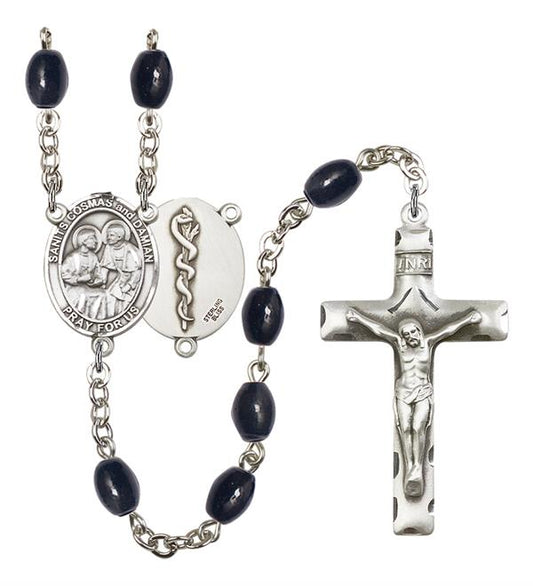 Sts. Cosmas and Damian Doctor's Rosary, 8x6mm Black Onyx Beads, Silver Plate, # 13438