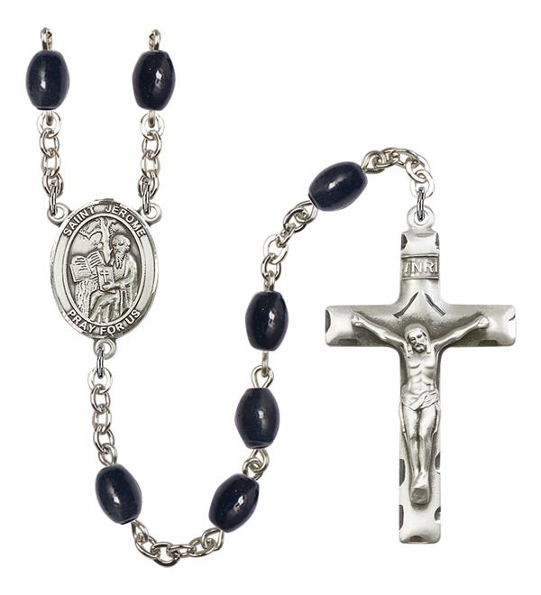 St. Jerome Rosary, 8x6mm Black Onyx Beads, Silver Plate, # 13441