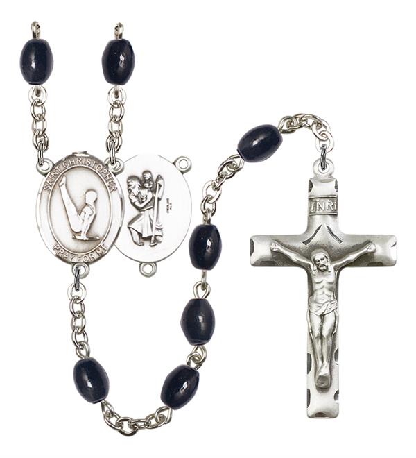 St. Christopher / Gymnastics Rosary, 8x6mm Black Onyx Beads, Silver Plate, # 13451