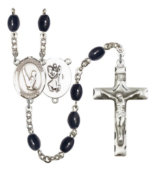 St. Christopher / Gymnastics Rosary, 8x6mm Black Onyx Beads, Silver Plate, # 13451