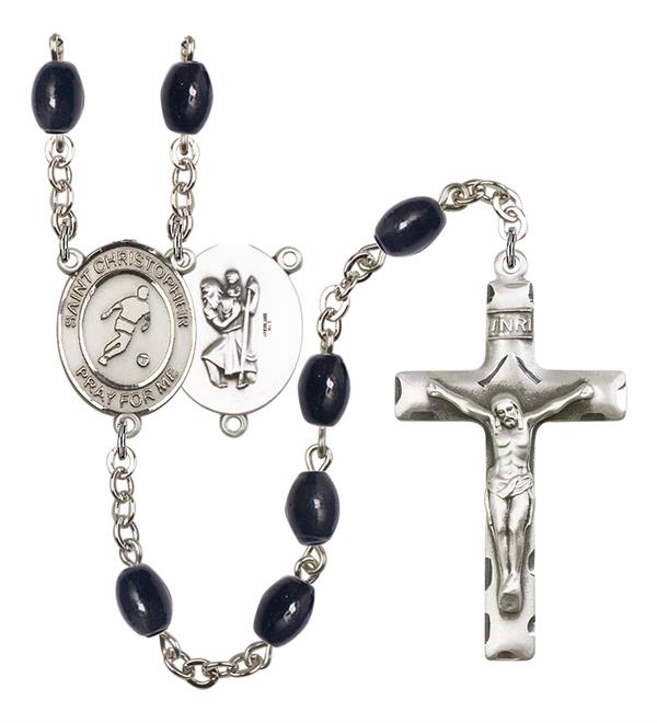 St. Christopher / Soccer Rosary, 8x6mm Black Onyx Beads, Silver Plate, # 13460