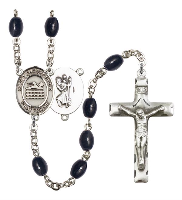 St. Christopher / Swimming Rosary, 8x6mm Black Onyx Beads, Silver Plate, # 13463