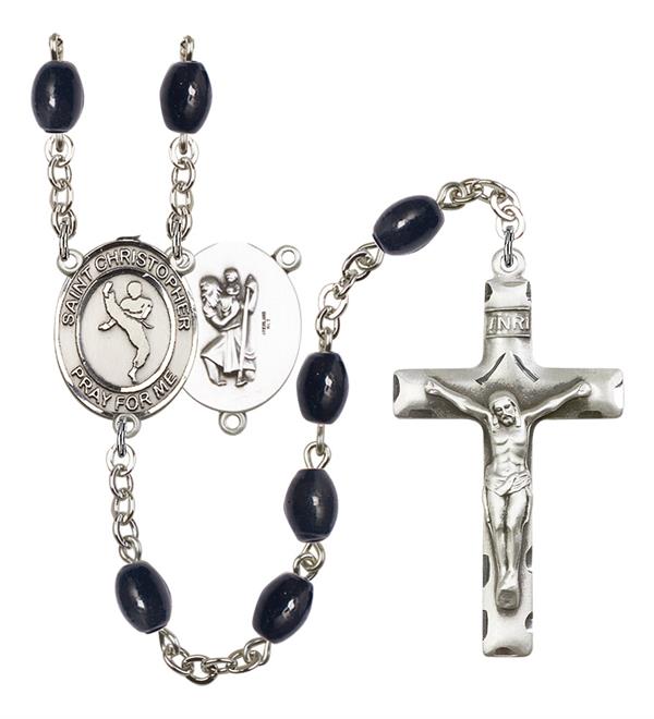 St. Christopher / Martial Arts Rosary, 8x6mm Black Onyx Beads, Silver Plate, # 13464
